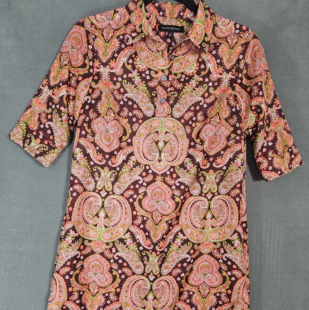 Banana Republic Petite 2P Paisley Midi Shirt Dress Satin Burgundy Half Sleeve